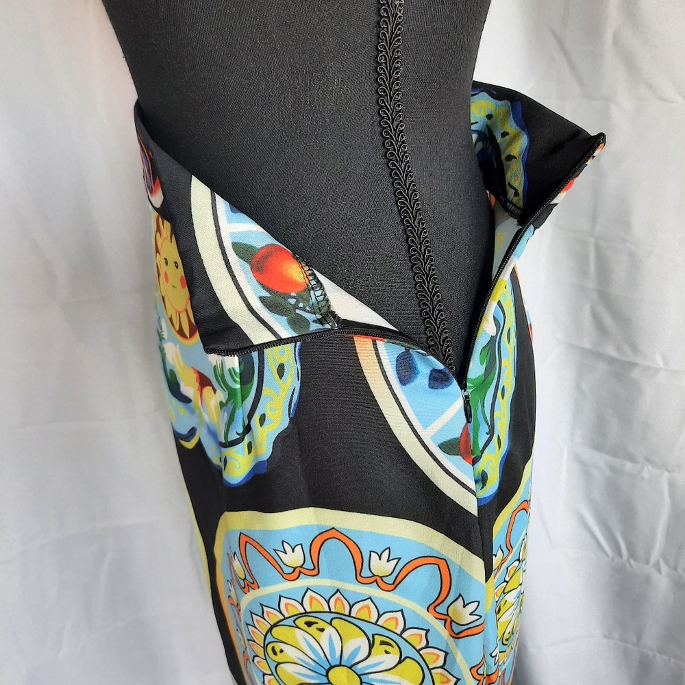 Pencil Skirt Womens Small / Med Ceramic Plate Print Black Multicolored Side Zip - Picture 10 of 14